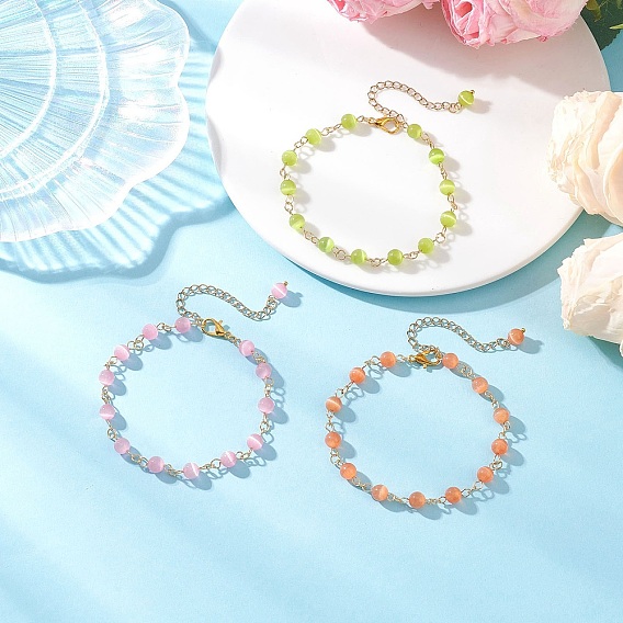 3 шт. 3 цвета браслеты из круглых бусин кошачий глаз для женщин, с цинковым сплавом застежками омаров коготь