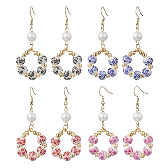 Круглые подвесные серьги из печатного фарфора, с фурнитурой для сережек из стеклянного жемчуга и нержавеющей стали, золотые