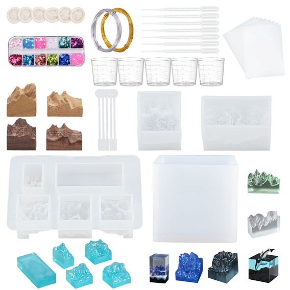 Silicone Molds, Resin Casting Molds, For UV Resin, Epoxy Resin Jewelry Making, Mountain, Disposable Plastic Transfer Pipettes, Transparent Plastic Round Stirring Rod and Aluminum Wire