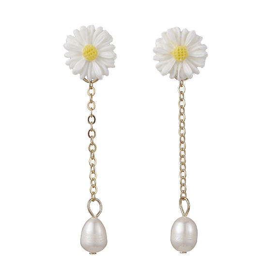 Natural Pearl & Resin Sunflower Dangle Stud Earrings, Golden 304 Stainless Steel Chains Tassel Earrings