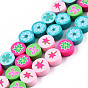 Handmade Polymer Clay Beads Strands, Flat Round with Flower