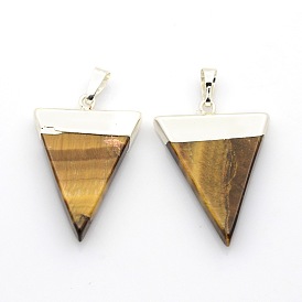 Gemstone Triangle Pendants, with Silver Color Plated Brass Findings, 34x22~28x4mm, Hole: 8x5mm
