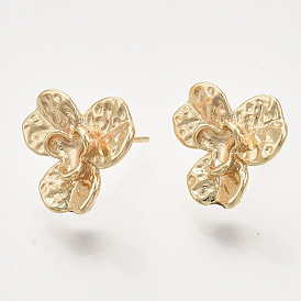 Brass Stud Earring Findings, Nickel Free, with Loop, Real 18K Gold Plated, Flower