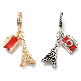 Rack Plating Alloy Red Enamel European Dangle Charms, Cameera & Tower Large Hole Pendants