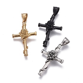 304 Stainless Steel Pendants, Cross with Rose