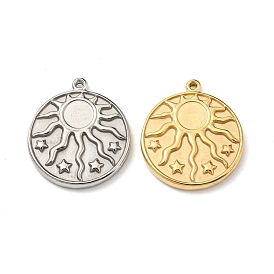 304 Stainless Steel Pendants, Flat Round with Sun & Star Charm