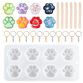 Olycraft DIY Key Chain Molds Kits, Including Cat Footprint Silicone Molds, Mirror & Matte Surface Resin Casting Silicone Mold, with Iron Split Key Rings and Birch Wooden Craft Ice Cream Sticks