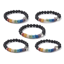 Colorful Dyed Natural Lava Rock Beaded Stretch Bracelets, with Alloy Beaded