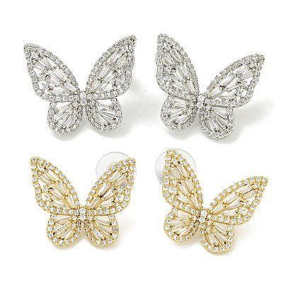 Серьги-гвоздики из латуни с микропаве из прозрачного кубического циркония с покрытием стойки-бабочки