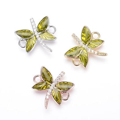 Brass Micro Pave Cubic Zirconia Links, with Enamel, Cadmium Free & Nickel Free & Lead Free, Dragonfly