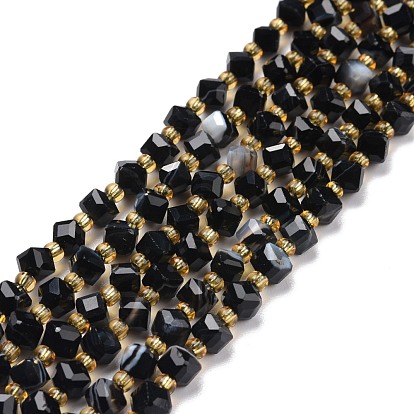 Natural Banded Agate Beads Strands, with Seed Beads, Faceted, Diagonal Cube Beads