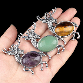 Gemstone & Alloy Deer Brooches for Women, Antique Silver