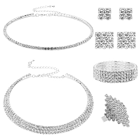 PandaHall Elite Crystal Rhinestone Jewelry Set, 2Pcs Tennis Necklaces, 1Pc Adjustable Rings and 1Pc Wide Chain Bracelet