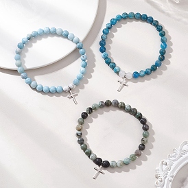 Пересечь 201 браслеты из нержавеющей стали очарование, браслеты из натуральных смешанных драгоценных камней с круглыми бусинами для женщин и мужчин