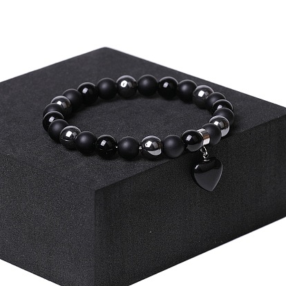 Браслеты с подвесками из натурального черного обсидиана, синтетического немагнитного гематита и натуральных драгоценных камней, эластичные браслеты для женщин, сердце