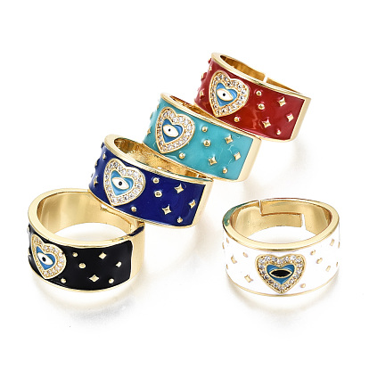 Adjustable Brass Micro Pave Clear Cubic Zirconia Finger Rings, Wide Band Rings, with Enamel, Nickel Free, Heart with Evil Eye, Real 16K Gold Plated