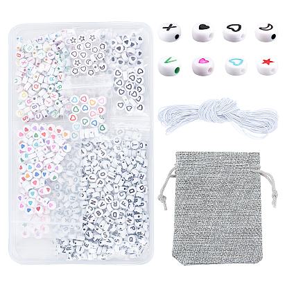 DIY Jewelry Making Kit, Including Opaque White Acrylic Beads, Elastic Cord, Polyester Drawstring Bags