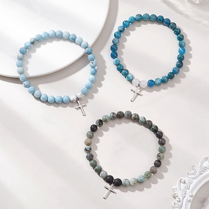 Пересечь 201 браслеты из нержавеющей стали очарование, браслеты из натуральных смешанных драгоценных камней с круглыми бусинами для женщин и мужчин