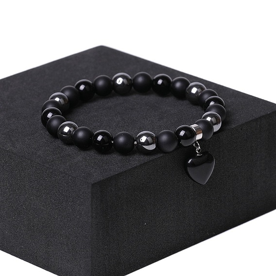 Браслеты с подвесками из натурального черного обсидиана, синтетического немагнитного гематита и натуральных драгоценных камней, эластичные браслеты для женщин, сердце