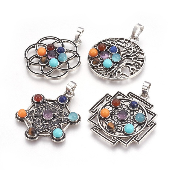Natural & Synthetic Gemstone Pendants, with Alloy Findings, Mixed Shapes, Chakra