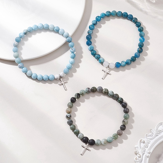 Пересечь 201 браслеты из нержавеющей стали очарование, браслеты из натуральных смешанных драгоценных камней с круглыми бусинами для женщин и мужчин