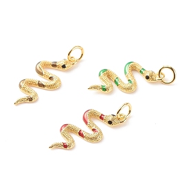 Brass Micro Pave Cubic Zirconia Pendants, with Enamel, Cadmium Free & Lead Free, Real 18K Gold Plated, Snake
