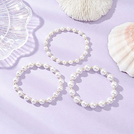 3Pcs Shell Pearl Round Beads Stretch Bracelets for Women, with Non-magnetic Synthetic Hematite Beads