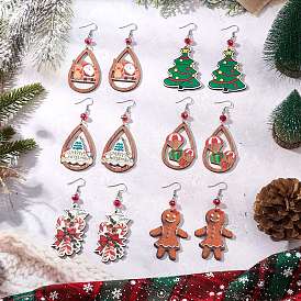 Рождественские деревянные серьги-подвески с принтом, с 304 крючками для сережек из нержавеющей стали и стеклянными бусинами, разнообразные, платина