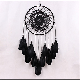 Indian Style Cotton Cord Macrame Wall Hanging, Iron Woven Web/Net with Feather Pendant Decorations