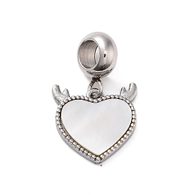 304 Stainless Steel Pave White Shell European Dangle Charms, Heart with Horn Large Hole Pendants