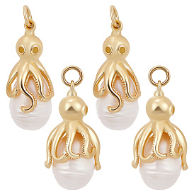 4шт. подвески из ракушки и жемчуга, с латунным паве из прозрачного кубического циркония, без кадмия и без свинца, долговечный, овал с подвеской в виде осьминога