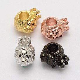 Lion King's Head Brass Micro Pave Cubic Zirconia European Beads, Large Hole Beads, Cadmium Free & Nickel Free & Lead Free, 14x9x13mm, Hole: 5mm