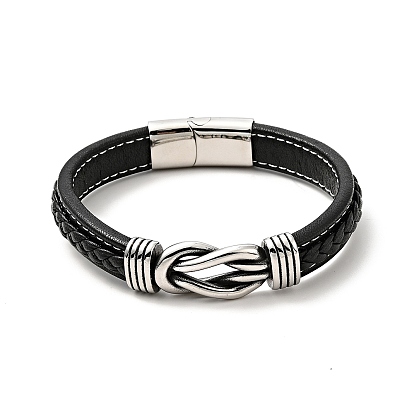 304 Stainless Steel Knot Link Bracelet with Magnetic Clasp, Gothic Bracelet with Microfiber Leather Cord for Men Women