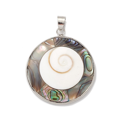 Natural Abalone Shell/Paua Shell Pendants, with Brass Findings, Cadmium Free & Lead Free, Flat Round