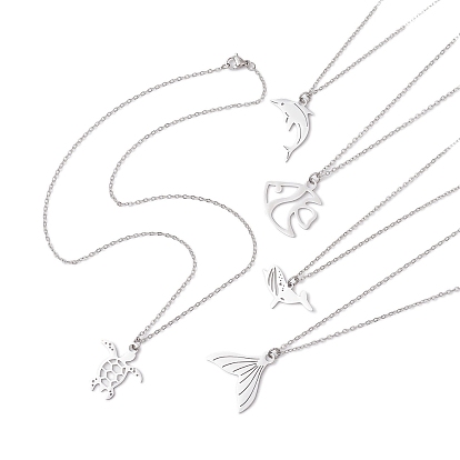Ожерелья с подвесками на тему океана, 304 из нержавеющей стали кабель цепи ожерелья, черепаха, рыба, кит, рыбий хвост