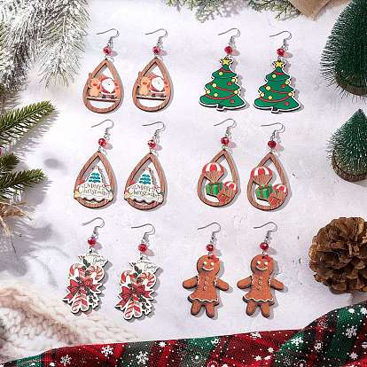 Рождественские деревянные серьги-подвески с принтом, с 304 крючками для сережек из нержавеющей стали и стеклянными бусинами, разнообразные, платина
