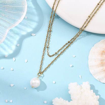 Colgante de patata con perlas Edison naturales 304 Collares de doble capa de acero inoxidable con cadena de Singapur y cadena de cable para mujer, blanco