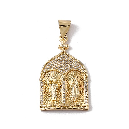 Brass Micro Pave Clear Cubic Zirconia Pendants, Cadmium Free & Nickel Free & Lead Free, Rack Plating, Church