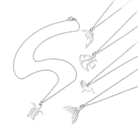 Ожерелья с подвесками на тему океана, 304 из нержавеющей стали кабель цепи ожерелья, черепаха, рыба, кит, рыбий хвост