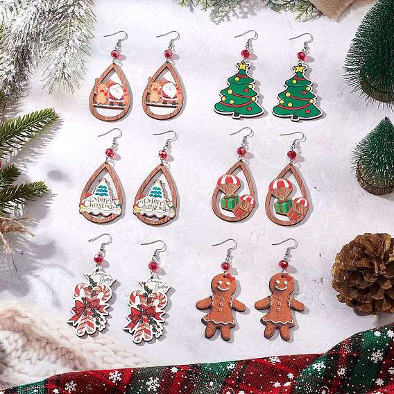 Рождественские деревянные серьги-подвески с принтом, с 304 крючками для сережек из нержавеющей стали и стеклянными бусинами, разнообразные, платина
