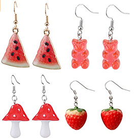 Sweet and Simple Fruit Earrings Set with Strawberry Studs, Watermelon Drops, and Mushroom Dangles