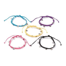 Pulseras de cuentas trenzadas de cordón de poliéster encerado, con adornos para etiquetas en blanco con estampado 304 plano redondo de acero inoxidable