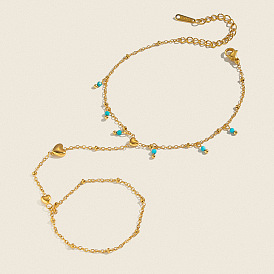 Bracelet bague-chaîne en acier inoxydable avec pampille ronde en turquoise synthétique et cœur pour femme