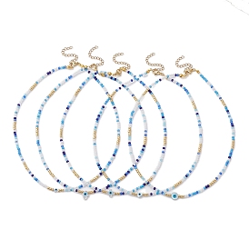 Glass Beaded Necklaces, with Natural White Shell Mother of Pearl Shell Beads Necklaces, Evil Eye