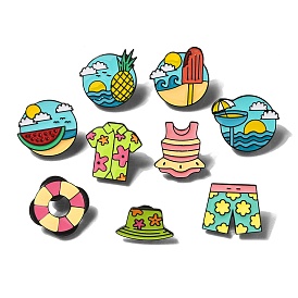 Outdoor Beach Series Travel Enamel Pins, Round Black Alloy Brooch, Fruit/Goblet/Swimming Ring/Clothes/Hat