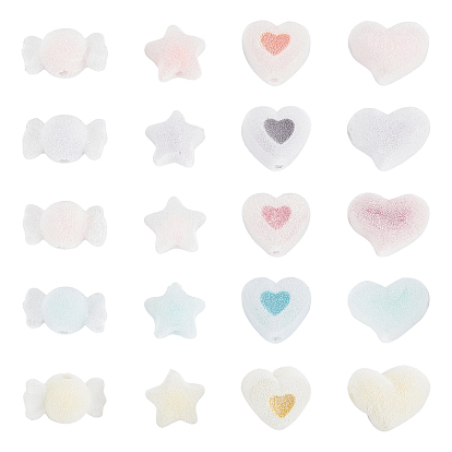 40Pcs 20 Style Flocky Acrylic Beads, Bead in Bead, Mixed Shapes