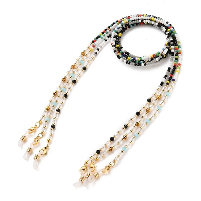 Ensembles de chaînes de lunettes, tour de cou pour lunettes, perles de verre, Perles en laiton, Fermoir mousqueton en acier inoxydable et extrémités en caoutchouc, or