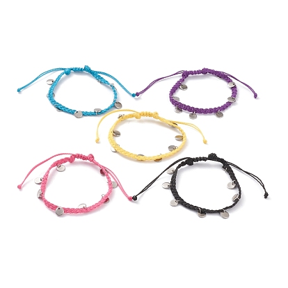 Pulseras de cuentas trenzadas de cordón de poliéster encerado, con adornos para etiquetas en blanco con estampado 304 plano redondo de acero inoxidable