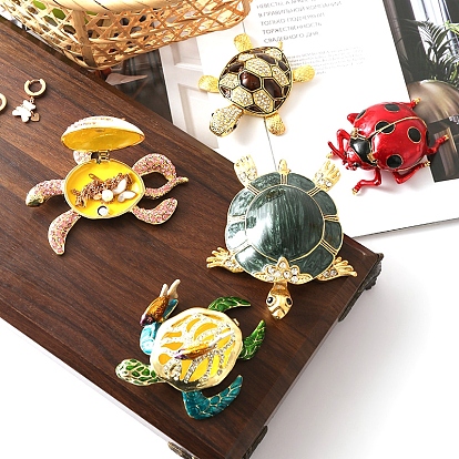 Металлические шкатулки для безделушек с шарнирами в виде черепахи/божьей коровки, со стразами, коллекционные фигурки насекомых/морских животных эмалированные футляры, домашнего декора