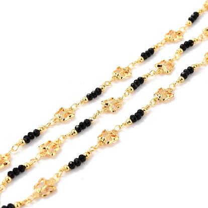 Handmade Brass Beaded Chains, with Glass Butterfly Link & Faceted Beads, Long-Lasting Plated, Soldered, with Spool, Golden
